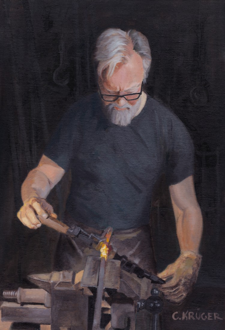 epic portrait of a bearded blacksmith bending a piece of metal