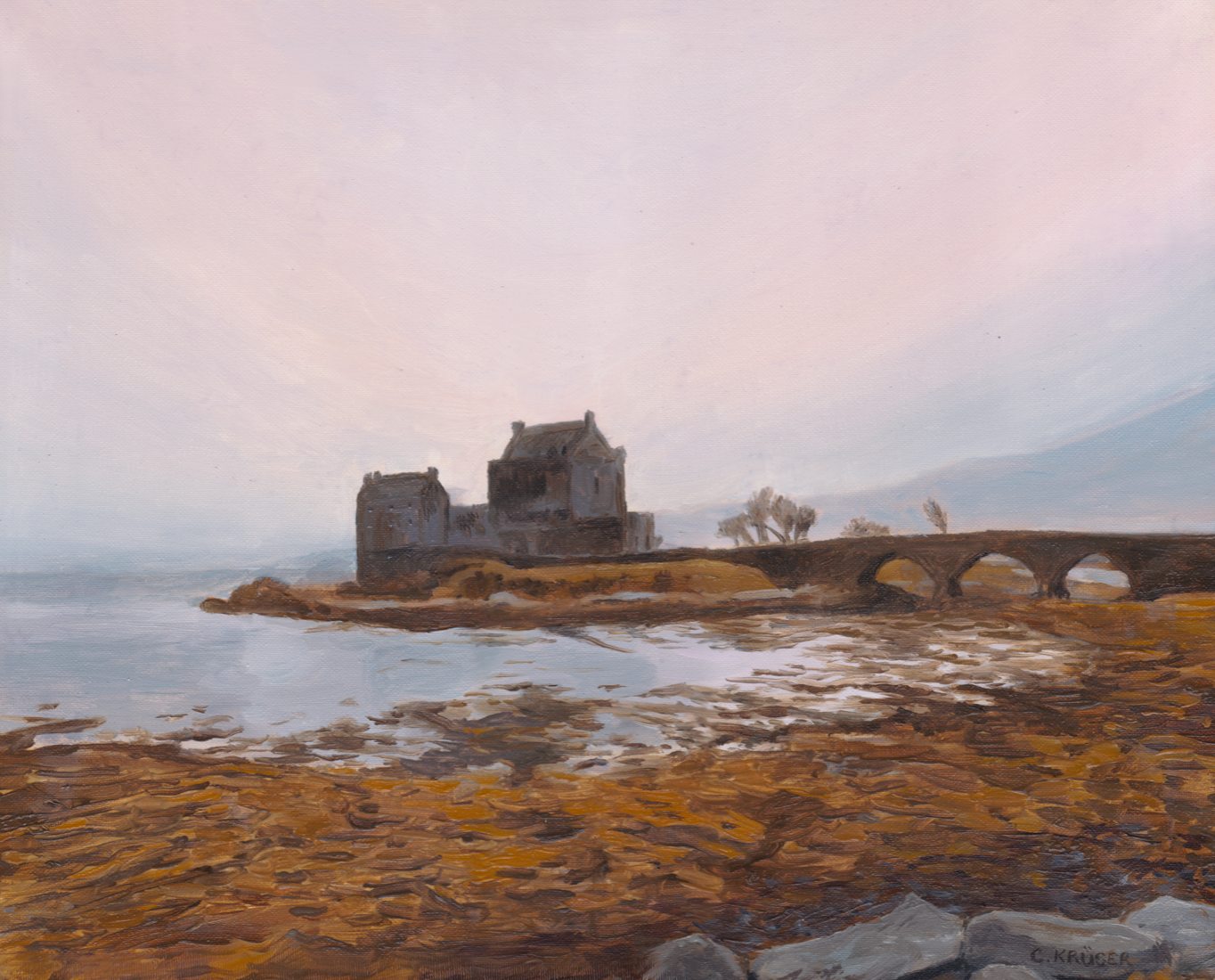 oil painting of a scottish castle eilean donan by a loch at sunrise