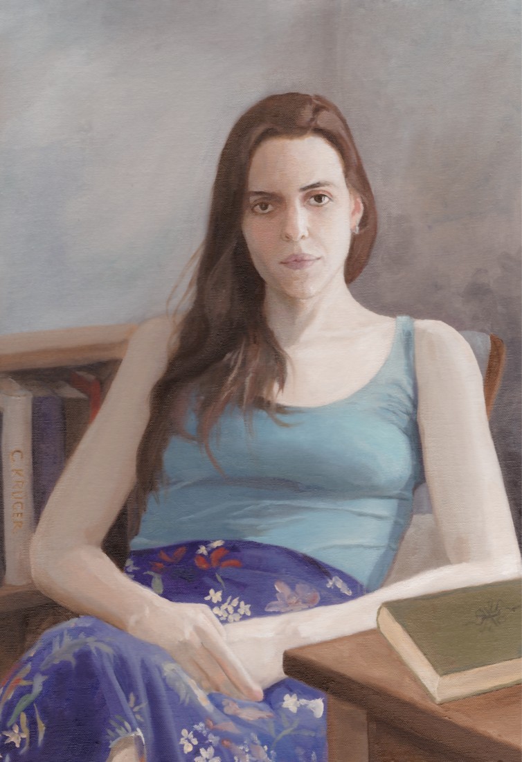 oil portrait of a beautiful woman in a colorful skirt