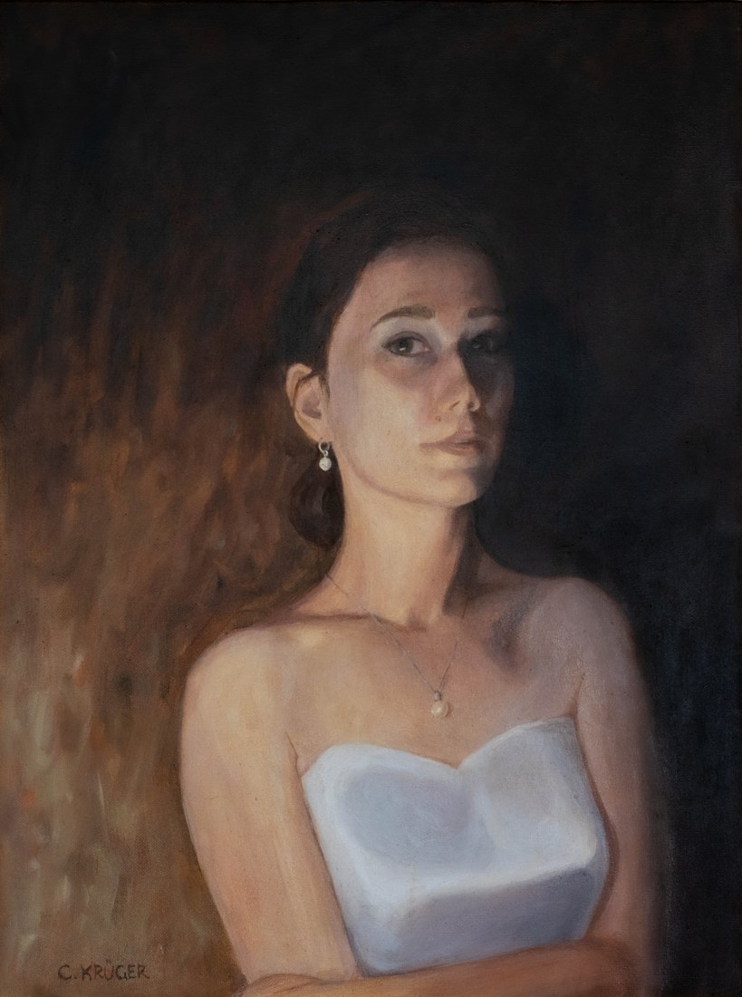 oil portrait of a beautiful woman in an evening dress