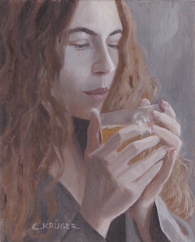 oil painting of a woman in a robe drinking coffee