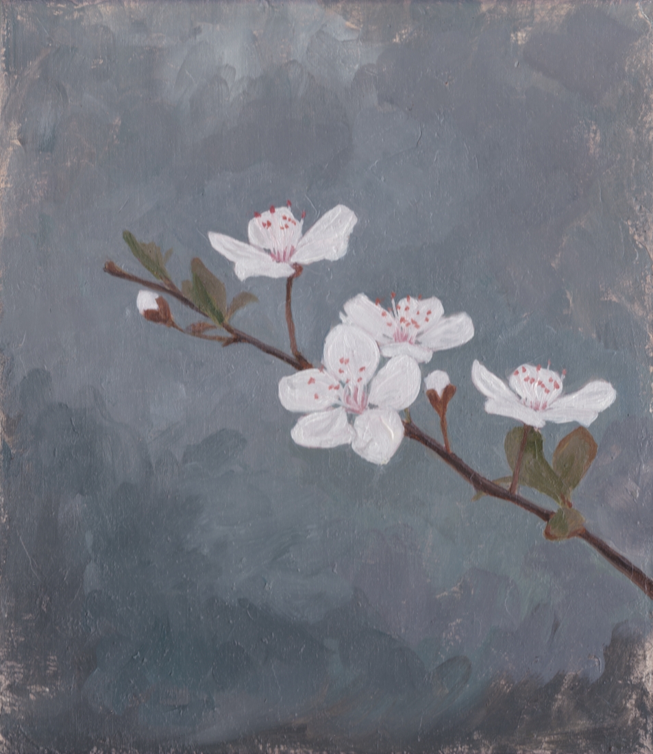 oil painting of a sprig of peach blossoms